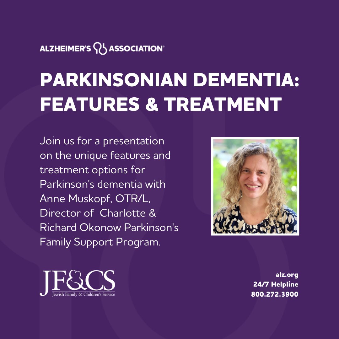 Join us for a presentation on the unique features and treatment options for Parkinson's dementia with Anne Muskopf, OTR/L, Director of Charlotte & Richard Okonow Parkinson's Family Support Program. VirtualProgram | April 9, 2024 | 12 - 1:00 PM tinyurl.com/ParkinsonianDe…