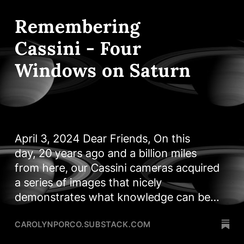 The latest Coming of Age in the Solar System issue is out! tinyurl.com/86rh7c2x 'Remembering Cassini - Four Windows on Saturn' recalls, 20ya today, the taking of 4 images that show what sounding an atmosphere is all about. Subscribe at the link above. Enjoy!