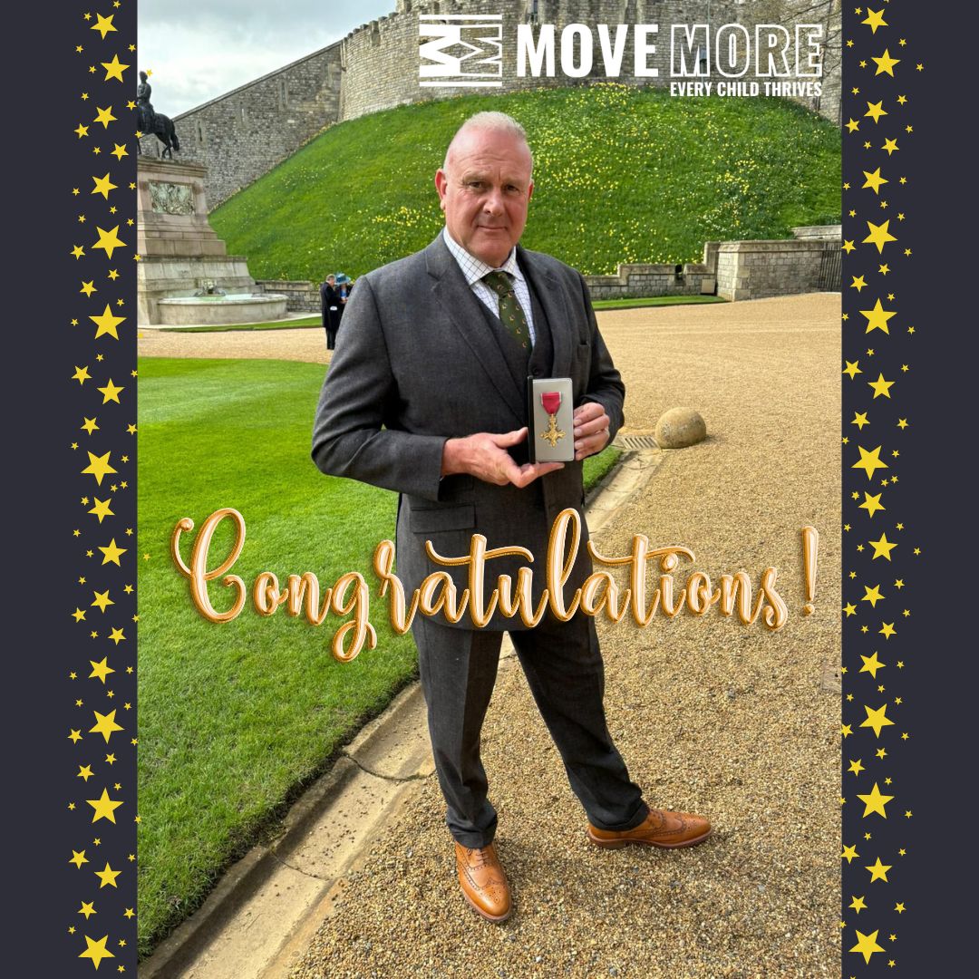 Huge congratulations to Steve Savory on receiving an OBE for Services To Education from Princess Anne at Windsor Castle last month! 🎉Steve is one of Move More’s Trustees and was our first chair when we constituted Move More in 2017💙 #EveryChildThrives #OBE