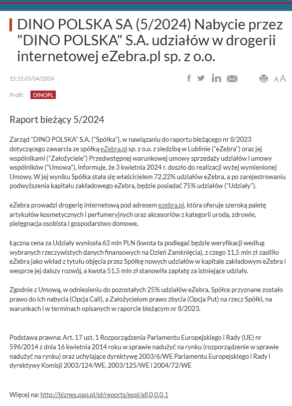RobertPietraga's tweet photo. #dino #wiedza #zakup  🇵🇱 #ecommerce 

🔸 #dino 

🛒 💄 Spółka nabyła udziały w #eZebra (#drogeria internetowa).

Fragment komunikatu:
"...Łączna cena za Udziały wyniosła 63 mln PLN (kwota ta podlegać będzie weryfikacji według wybranych rzeczywistych danych finansowych na Dzień Zamknięcia), z czego 11,5 mln zł zasiliło eZebra jako wkład z tytułu objęcia przez Spółkę nowych udziałów w kapitale zakładowym eZebra i wesprze jej dalszy rozwój, a kwota 51,5 mln zł stanowiła zapłatę za istniejące udziały...".

✅ Szybki przegląd aktywności i popularności #eZebra w mediach społecznościowych:
#instagram 140 000 obserwujących
#facebook 347 000 obserwujących 
#ceneo 107 000 opinii 96% pozytywnych ocen
#youtube 863 subskrybentów 300 filmów
#google 6595 opinii, ocena 4,9
Zobaczymy jak te liczby będą się zmieniać w czasie.

❓Ktoś z Was kupował w tej drogerii ?
