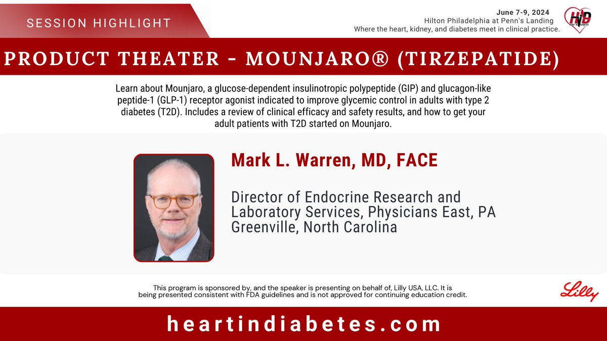 Join us for 8th HID - 2024 Lunch Session Non CME - Lilly Product Theater - Mounjaro® (tirzepatide) . Register now for #Discounted rates available until April 30th at heartindiabetes.com/registration (This session is not available for Continuing Medical Education Credits.) #HID2024