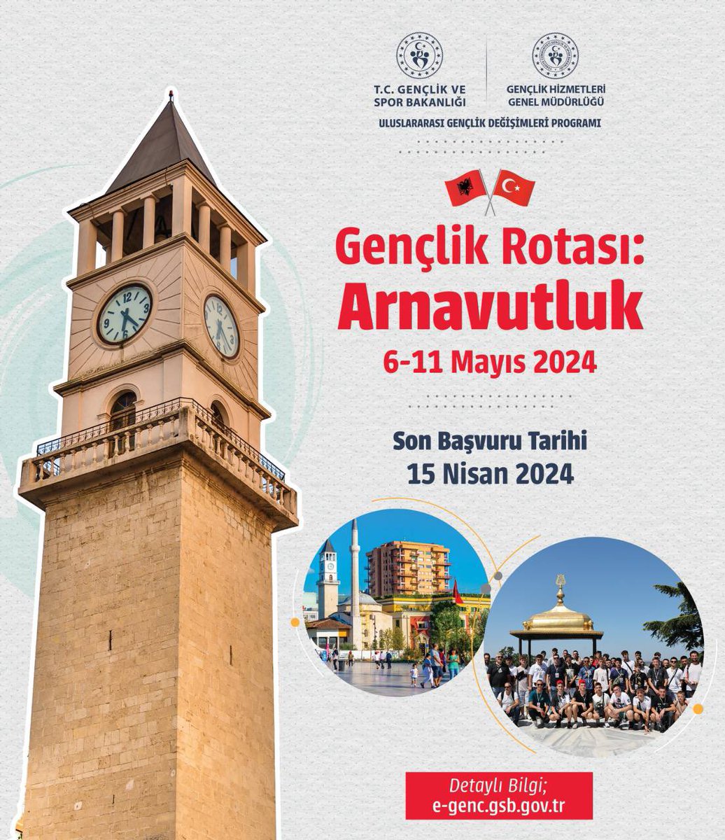 Kültürlerarası bir yolculuğa çıkmaya ne dersiniz gençler?🤚 📌 TÜRKİYE – ARNAVUTLUK GENÇLİK DEĞİŞİMİ PROGRAMI Program Tarihi: 6-11 Mayıs 2024 Program Yeri: Arnavutluk/Tiran Başvuru ve detaylı bilgi için⬇️ bit.ly/3U2Oqq6