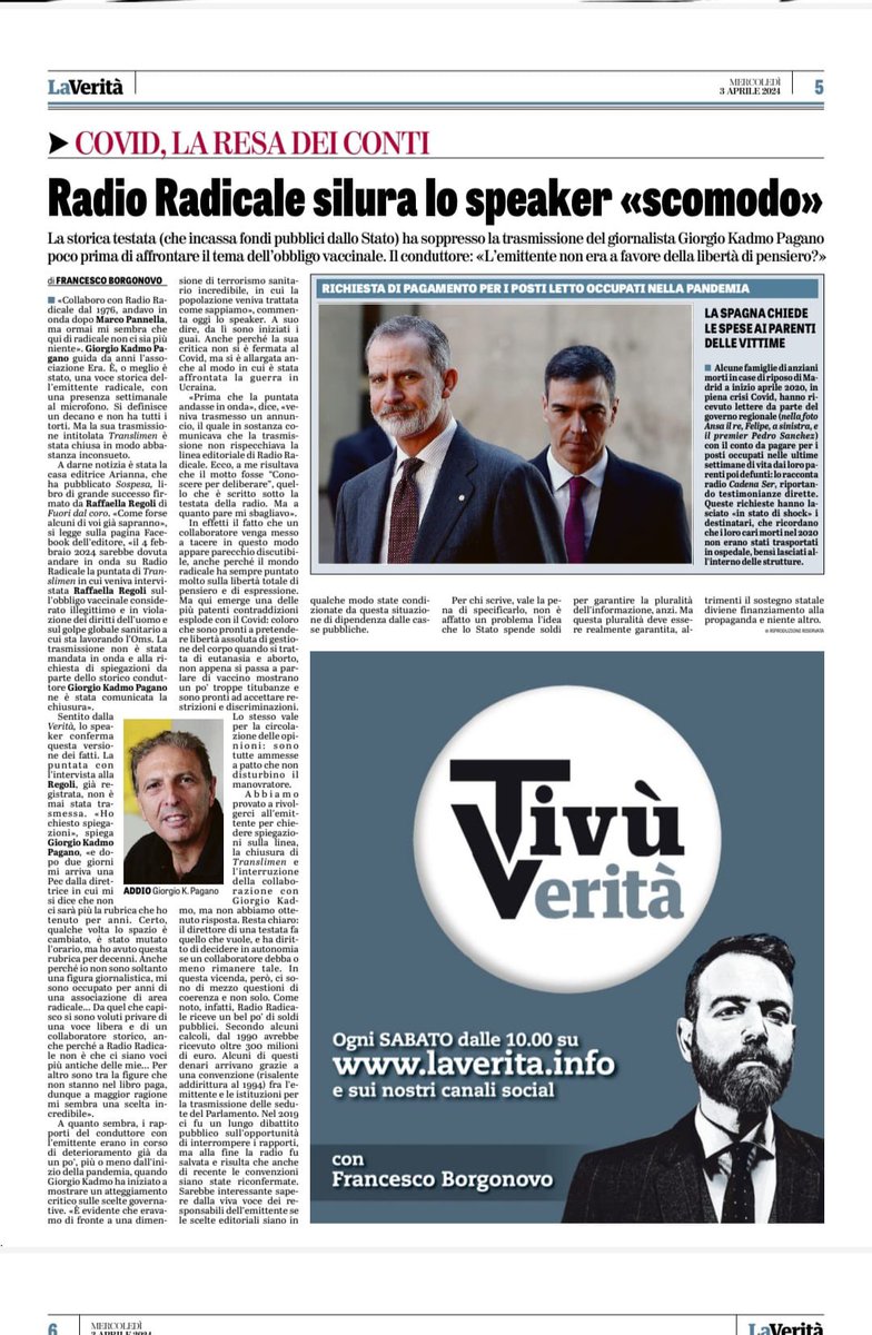 RaffaellaRegoli's tweet photo. #Covid #Censura RADIO RADICALE CENSURA LA MIA INTERVISTA  SUL LIBRO #Sospesa,  SU VACCINI E OMS. 
E SILURA IL GIORNALISTA STORICO Giorgio Kadmo Pagano. Ma #RadioRadicale non prende milioni di euro di soldi pubblici????
Grazie a @franborgonovo che su @LaVeritaWeb continua a difendere l’informazione libera e “scomoda”
#Vaccini #Oms #Ursula