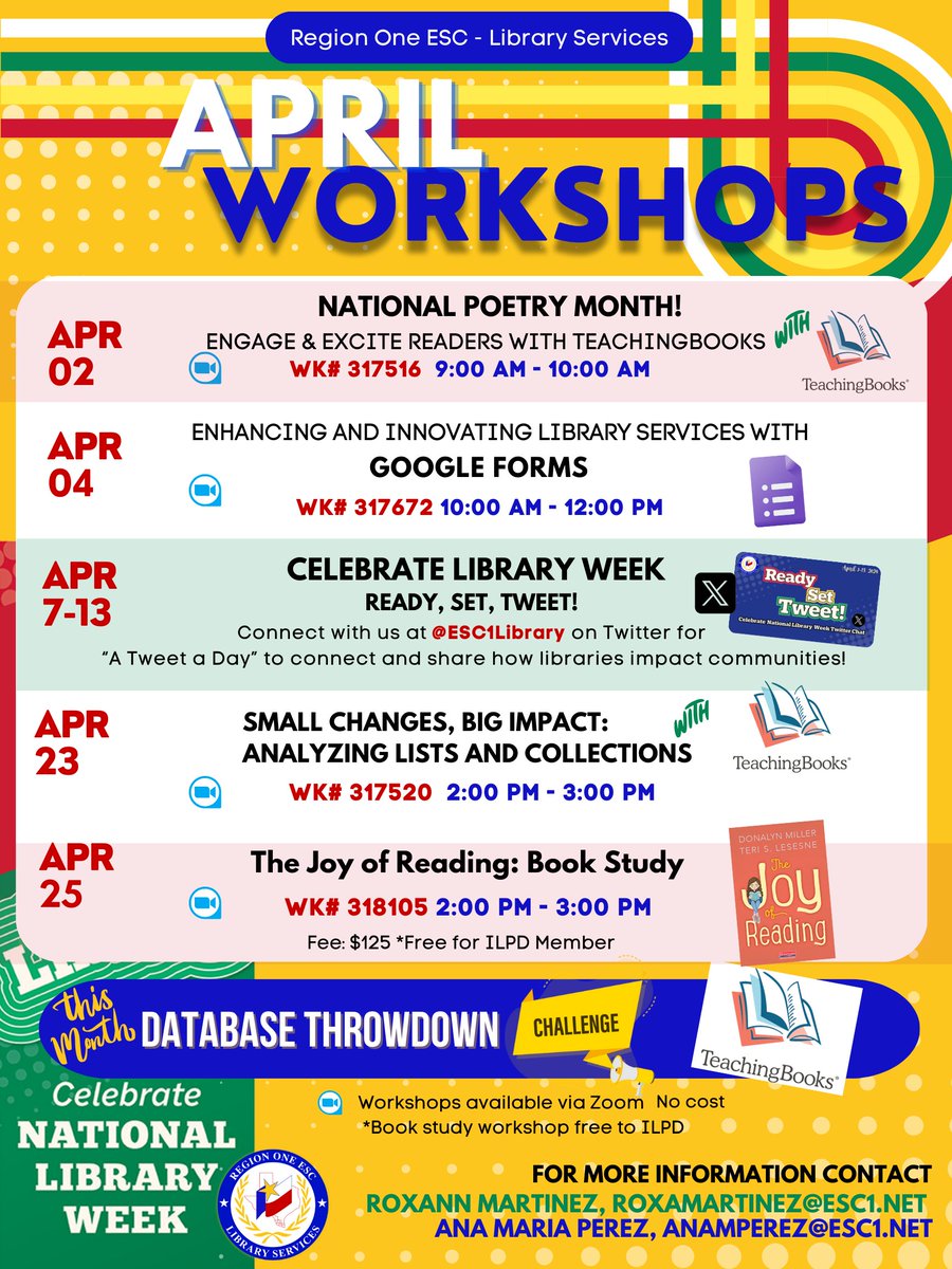 Kicking off #SchoolLibraryMonth with Library workshops! 💻 Google Forms session, @TeachingBooks training, and 📕 book study featuring The Joy of Reading by @donalynbooks 🤗 Register here➡️ apps.esc1.net/ProfessionalDe… #esc1Libraries