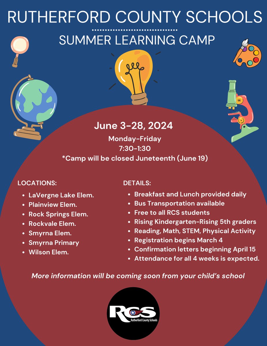 RCS Summer Learning Camp registration open through April 12 Interested parents should contact your child's school to register. More information at rcschools.net/apps/pages/ind…