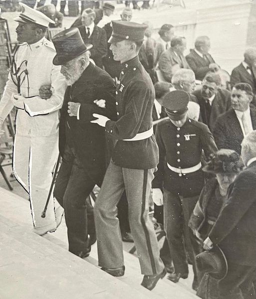 May 1922: 78 year old Robert T Lincoln, son of Abraham Lincoln, is helped up the steps at the dedication of the Lincoln Memorial Washington D.C.