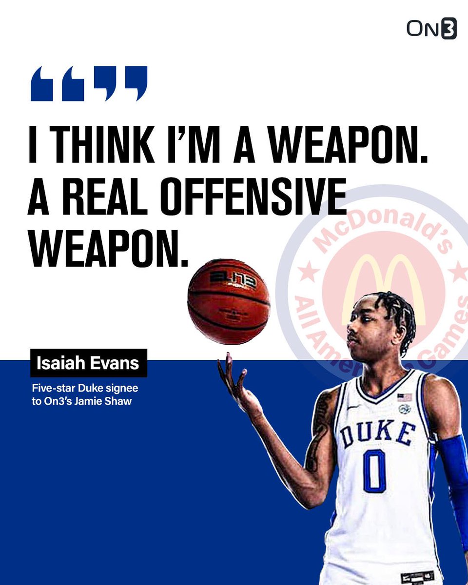 I caught up with Duke’s 5⭐️ signee Isaiah Evans at the @McDAAG to talk about his game, his early decision, and ask him just how good the Blue Devils can be… Evans called Duke, “a no-brainer”… READ: on3.com/college/duke-b…