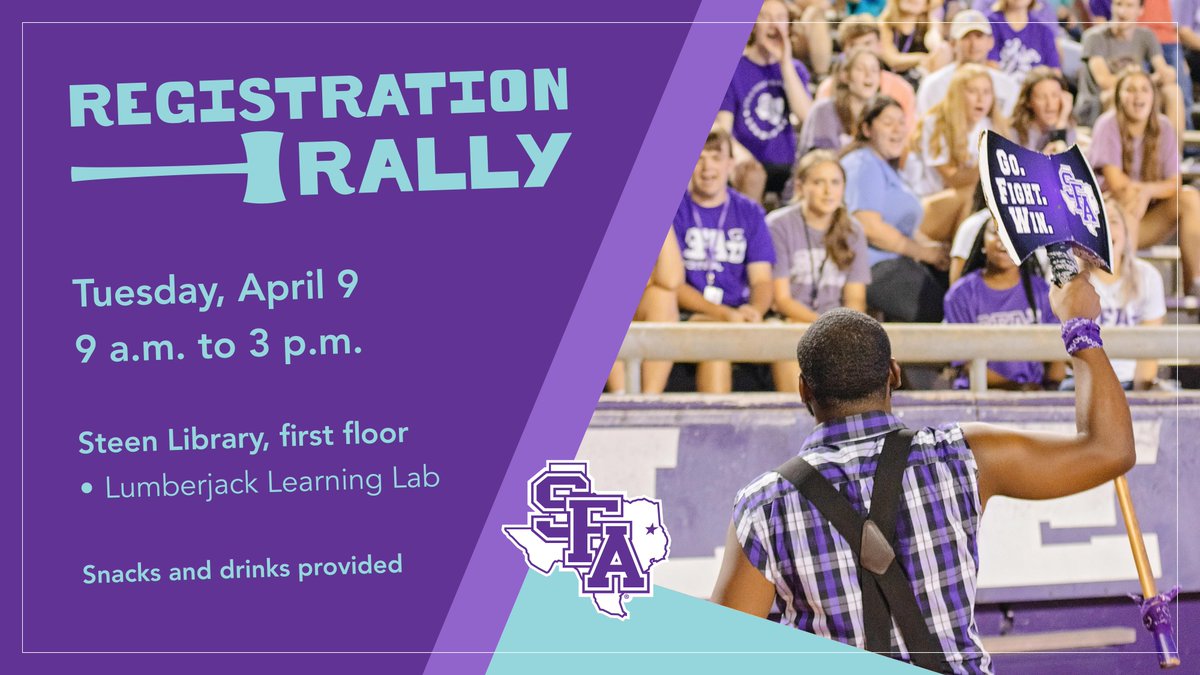 Get help clearing holds and have your questions answered during SFA’s Registration Rally! 📝📚🙌 Students who need to register for the upcoming terms are invited to stop by the event, which will be from 9 a.m. to 3 p.m. April 9 in the Steen Library’s Lumberjack Learning Lab.