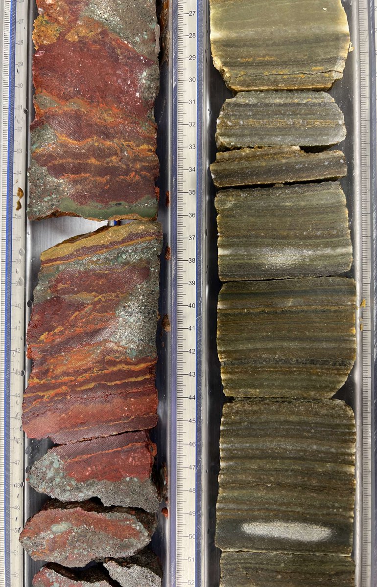 Not quite #rock but not quite #sediment. These cores are compacted #layers of #salt that was left behind when the #Mediterranean suffered an extremely dry period. The left side is red because iron oxides are present. #EXP402 #scientificoceandrilling #minerals #geosciences