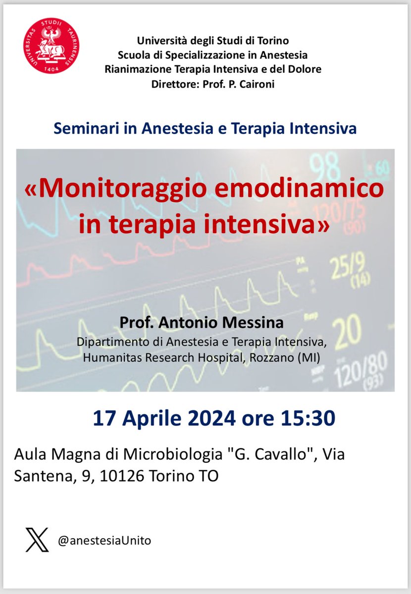 Felici di annunciare il nuovo ciclo di Seminari per la scuola di Anestesia e Rianimazione @unito. Onorati di ospitare il prof Messina di @HumanitasMilano @mess81rc @CaironiPietro @RussottoVin @FraCollino 👇👇👇