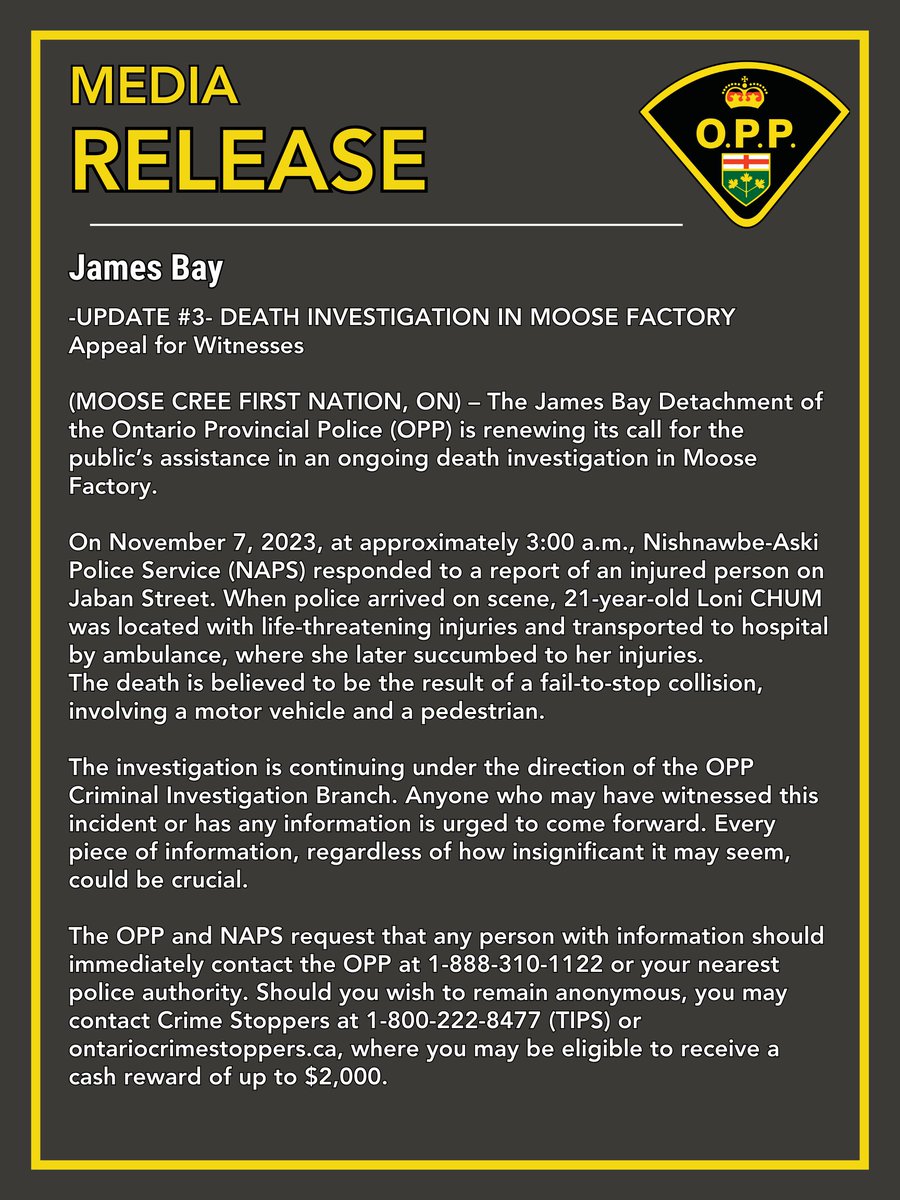 Appeal for witnesses in the ongoing death investigation in Moose Factory from November 2023.  ^kb