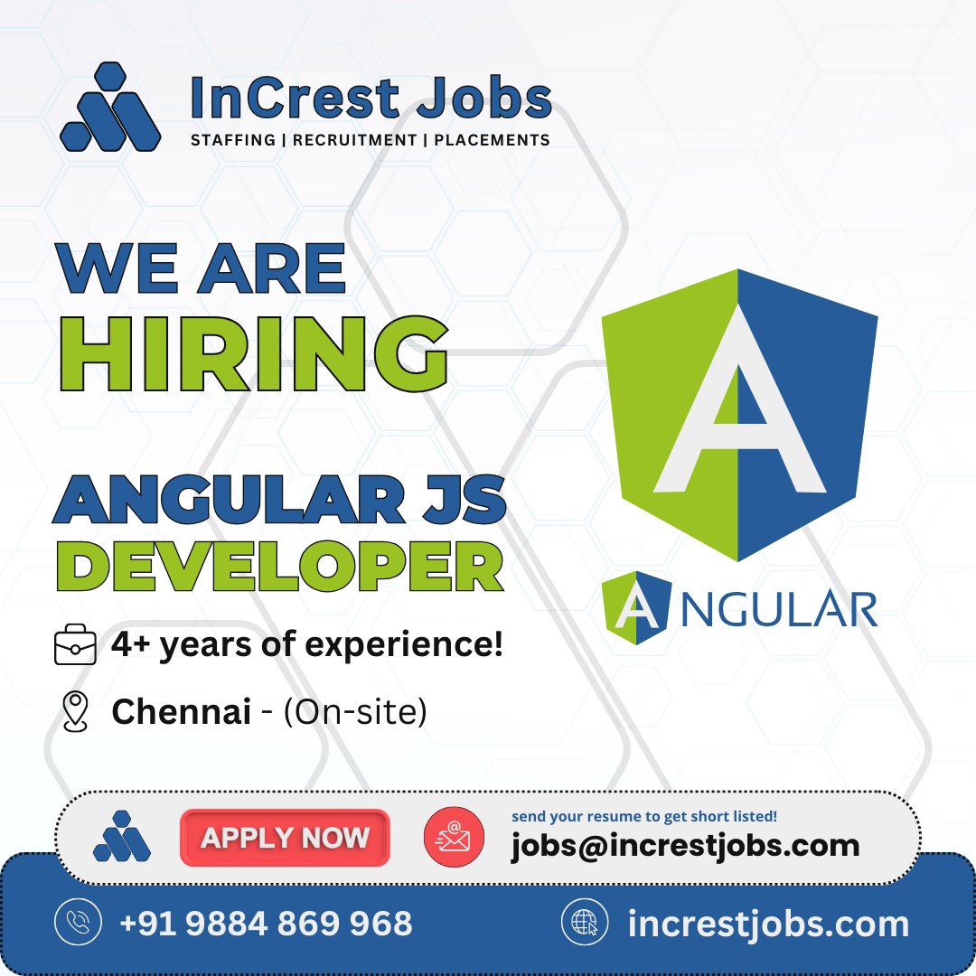 We are hiring an AngularJS Developer to craft dynamic and responsive user interfaces, shaping the future of our web projects. send your resume to jobs@increstjobs.com #InCresting #InCrestJobs #AngularJSDeveloper #TechTalent #DeveloperJobs #HiringNow #ApplyToday