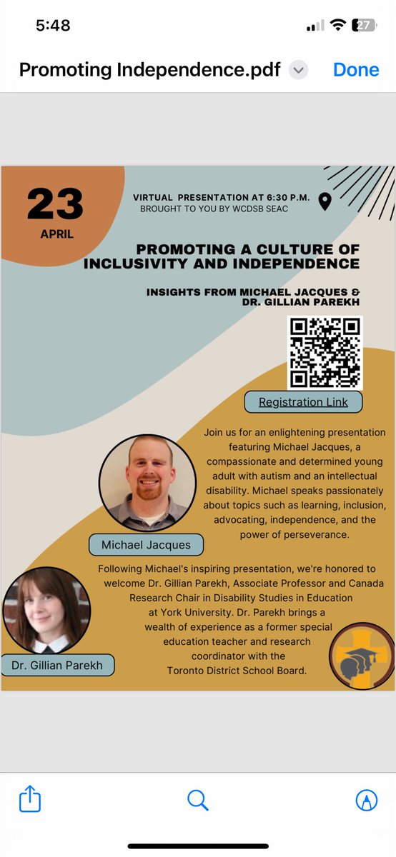 Promoting a Culture of Inclusivity and Independence. Insights from Michael Jacques & Dr. Gillian Parekh. Registration required for this online Presentation Apr 23, 2024 at 6:30 pm. Brought to you by WCDSB SEAC. @WCDSBwellness @WCDSB_SEL @WCDSBsocialwork @StLouisWCDSB