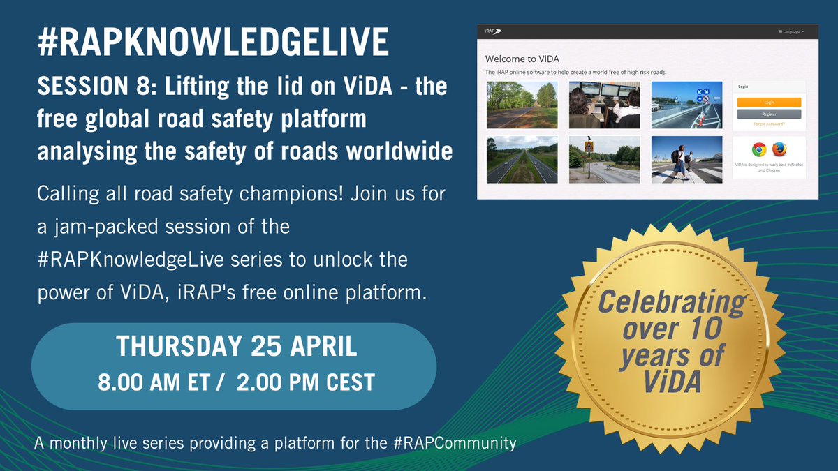 📢Calling all #roadsafety champions! Join us for a jam-packed session of the #RAPKnowledgeLive series to unlock the power of ViDA, iRAP’s free online software platform. 📅When: Thursday 25 April ⏲️Time: 8.00 AM – 9.00 AM ET / 2.00 PM – 3.00 PM CET irap.org/2024/04/rapkno…