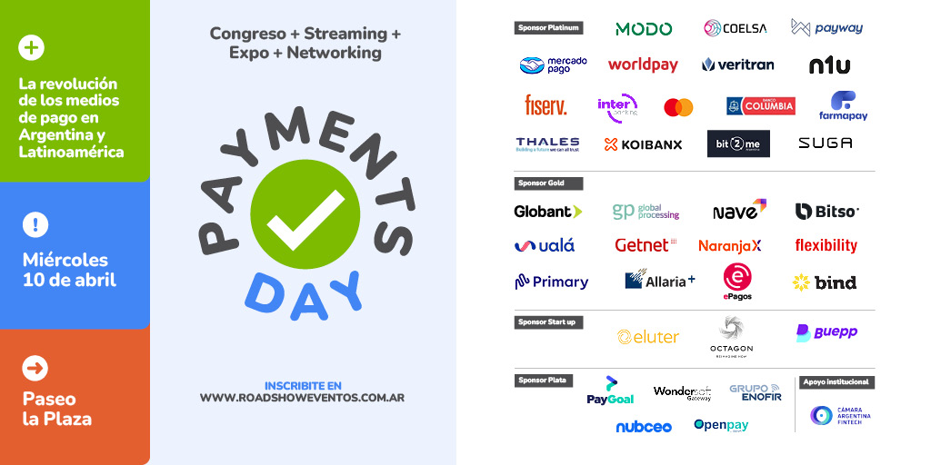 🚀La cuenta regresiva comenzó!  

🗓️En solo una semana, unite a #PaymentsDay, el 10 de abril en <a href="/PaseoLaPlazaOK/">Paseo La Plaza</a> 

🎙️Congreso
👫Networking
📺Streaming
🔹Expo

🗣️Más de 40 expertos compartiendo sus conocimientos en vivo

👉 Agenda y Tickets con descuento: roadshoweventos.com.ar