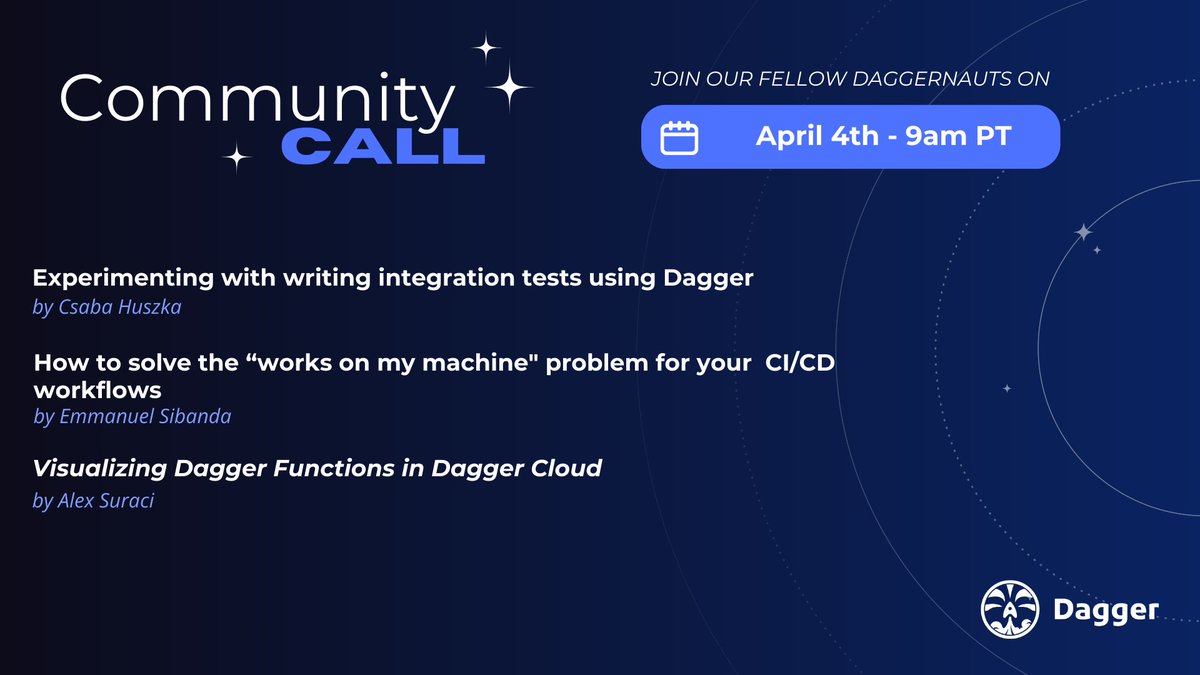 See you at the Community Call tomorrow! Daggernauts will share how they use Dagger Modules for testing, and we'll show you a demo of the latest feature we've been working on. Use the link below to add the call to your calendar: dagger-io.zoom.us/webinar/regist…