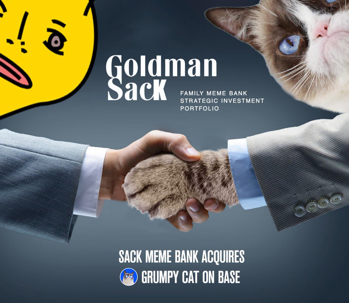 GoldmanSackBase's tweet image. Sack Meme Bank acquires $GRUMPY Cat on Base
Partnering with the Best Cat community takeover on Base 
Sack, The Family Bank