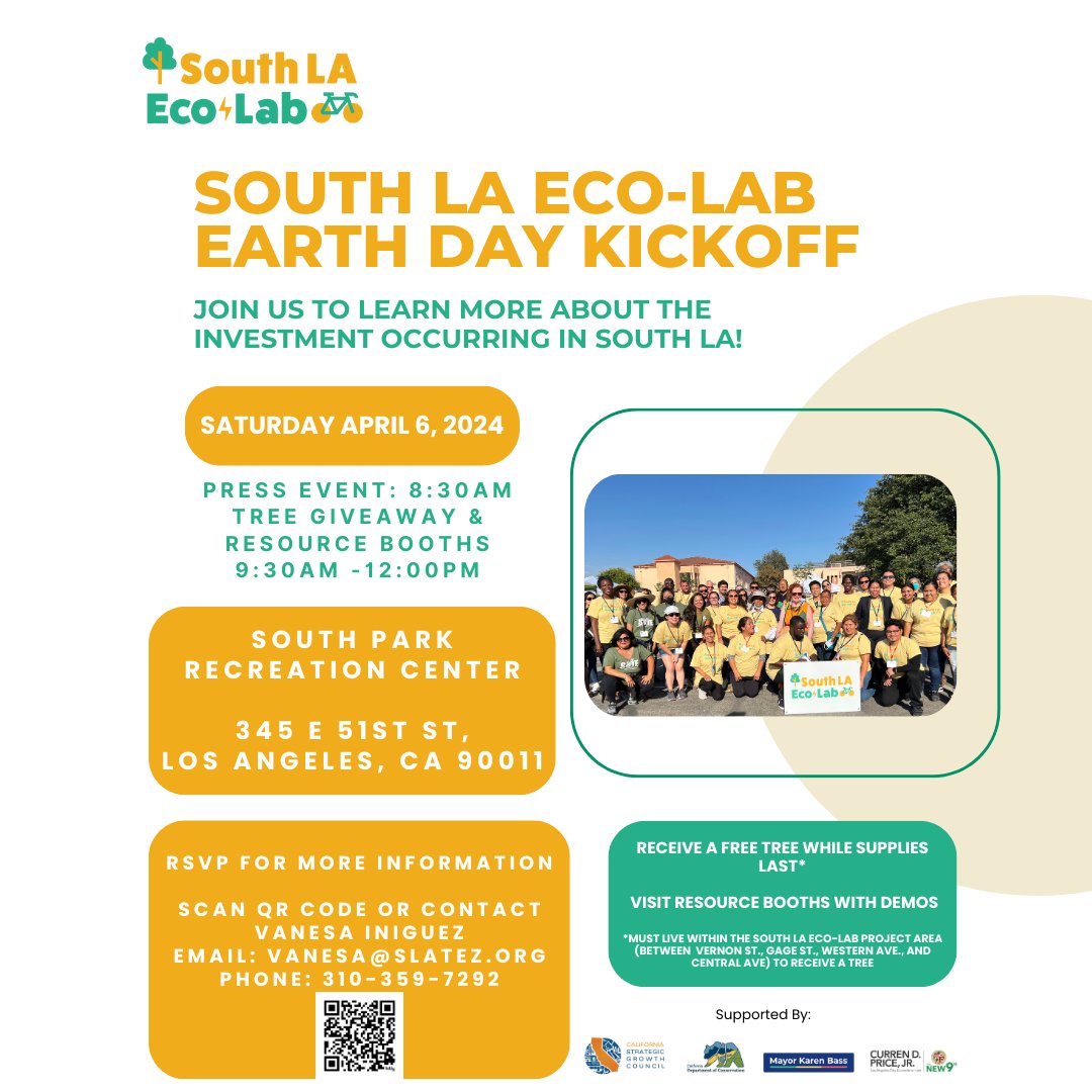 🌳 FREE TREE GIVEAWAY ALERT! Celebrate Earth Day with us at the South LA Eco-Lab Earth Day Kickoff and take a little piece of it home! 📅 Date: Saturday, April 6, 2024 🕤 Time: 9:30 AM - 12:00 PM 📍 South Park Recreation Center, 345 E 51st St, Los Angeles, CA 90011