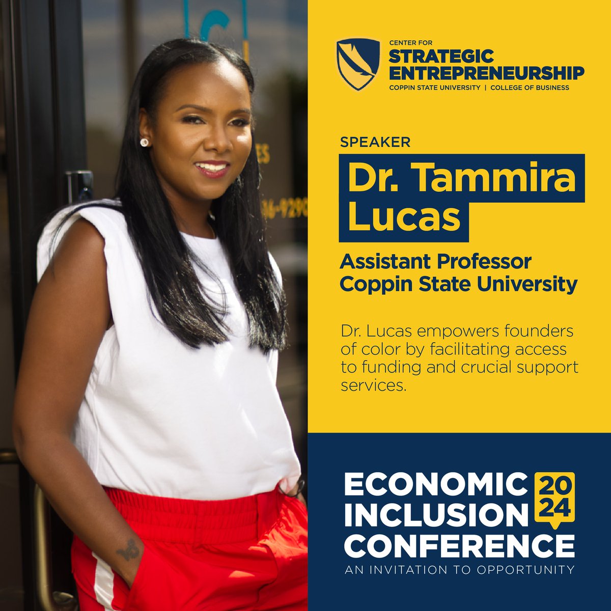 Learn from Dr. Tammira Lucas: Championing Inclusive Entrepreneurship at EICAC 2024! Dr. Lucas will be discussing inclusive entrepreneurship at EICAC 2024. Don't miss this opportunity to gain insights from her expertise! Register now: coppin.edu/eicac #EICAC2024