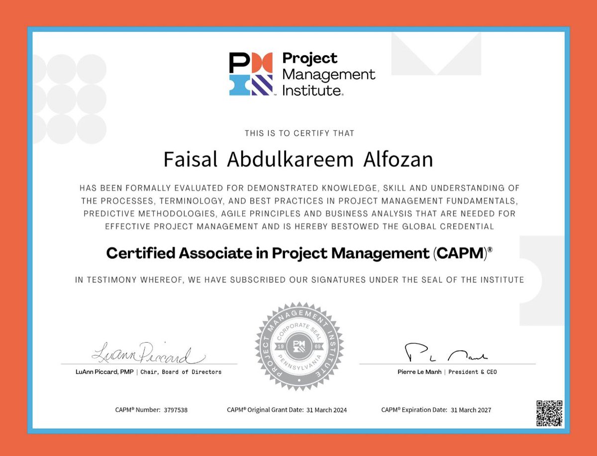 الحمدالله يارب سعيد بحصولي على أول شهادة احترافية في مجال #ادارة_المشاريع كمساعد مدير مشاريع مُعتمد من معهد إدارة المشاريع <a href="/PMInstitute/">PMI</a> كل الشكر للمدرب<a href="/SayedMohsenPMP/">Sayed Mohsen ,PgMP, PMP, PBA ,RMP ,ACP ,SP, P3O</a> على إعداد الدورة والاختبار 🤩👏🏼