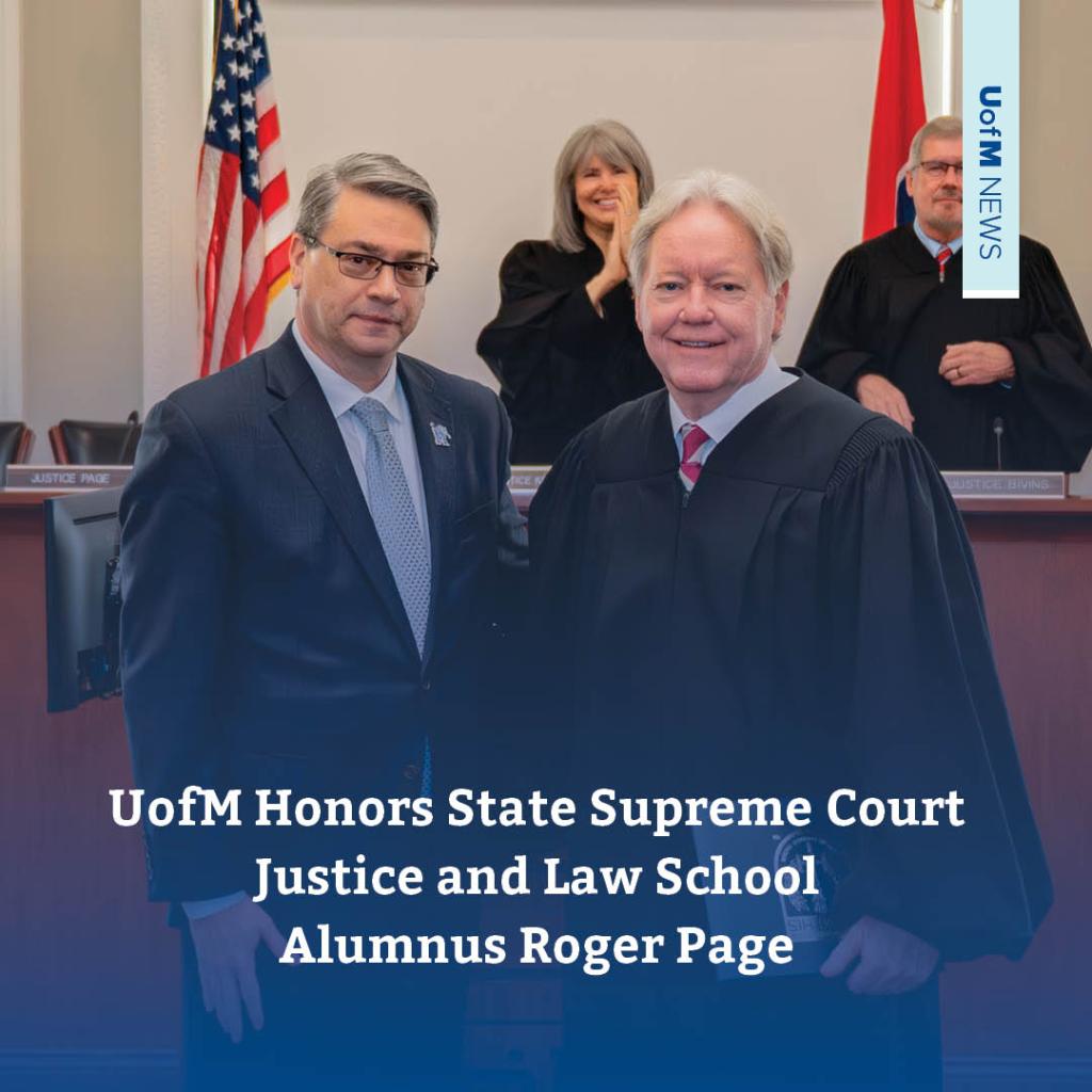 The UofM honored TN Supreme Court Justice Roger A. Page as an Outstanding Law Alumni for his service to the state’s highest court. Page was presented the honor by UofM Provost David Russomanno in the Historic Courtroom at the @memlawschool. Full Article: lnk.bio/uofmemphis