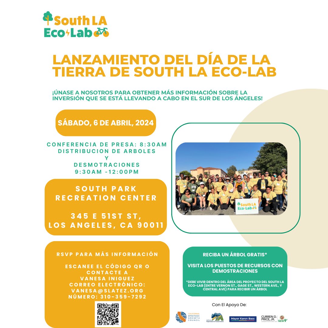 🌳 ¡ALERTA DE REGALO GRATUITO DE ÁRBOLES! Celebra el Día de la Tierra con nosotros en la iniciativa South LA Eco-Lab y llévate un pedacito de él a casa! 📅 Sábado, 6 de abril de 2024 🕤 Hora: 9:30 AM - 12:00 PM 📍 South Park Recreation Center, 345 E 51st St, Los Angeles, CA 90011