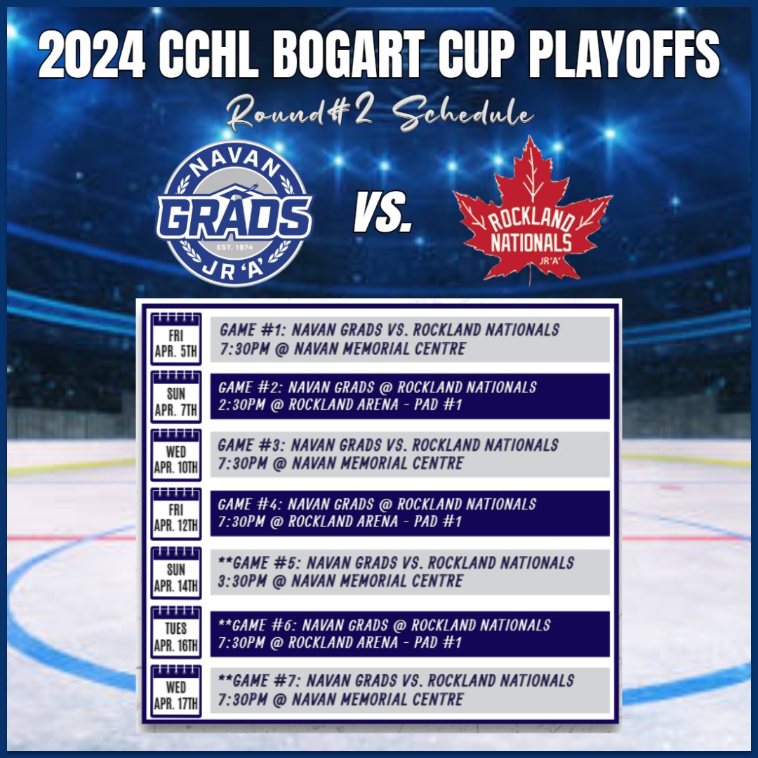 🚨2ND ROUND SCHEDULE🚨 The Navan Grads and Rockland Nationals faceoff in the 2nd Round of the @TheCCHL Bogart Cup Playoffs. Full Details: navangrads.com/2024-cchl-boga…
