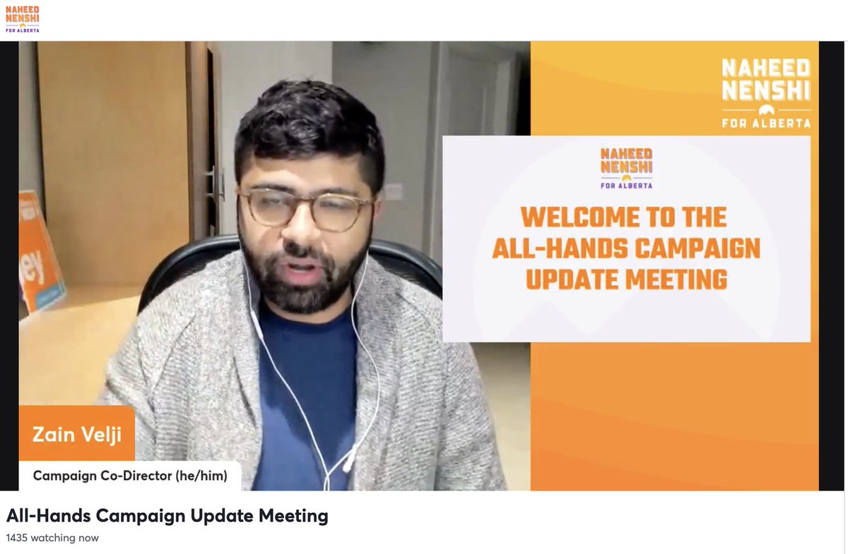 1,400+ watching @nenshi's All-Hands Campaign Update. It was announced two days ago. I tried a million screenshots, and this is the best one I could get of @zainvelji.