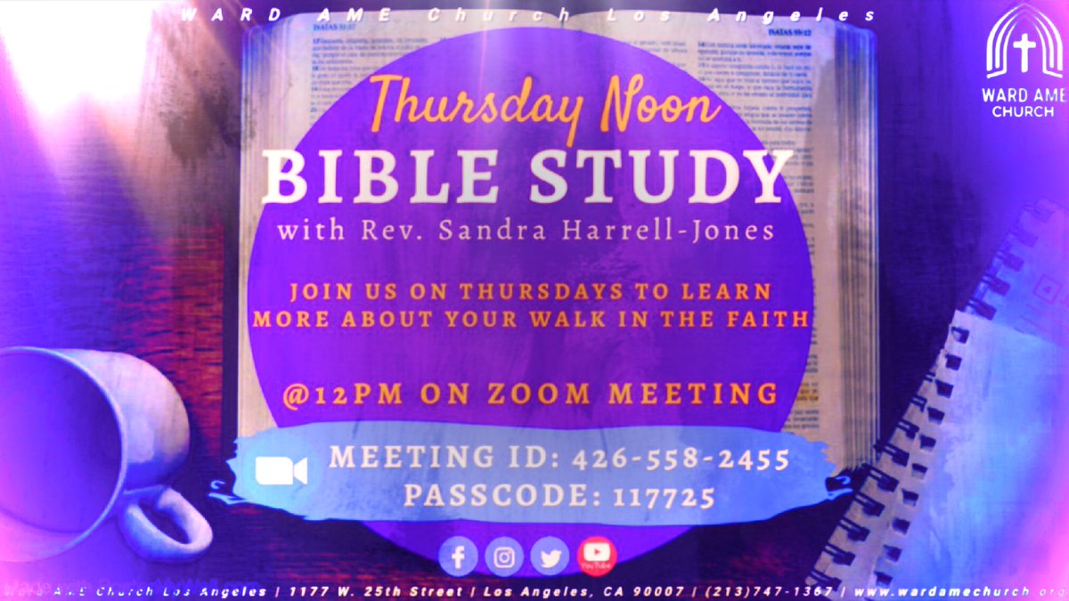 Tune in Thursdays at 12pm for Noon Bible Study with Rev. Sandra! Join us online as we dive deeper into our faith👏🏾👏🏾 

Join us VIRTUALLY via Zoom Meeting, Facebook & YouTube live🙏🏾✝️ 

#wardamelosangeles #studyathome #onlinebiblestudy #BibleStudy #Faith #virtual