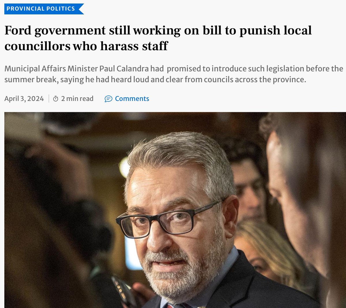 .@StephenBlais wrote to @PaulCalandra today urging him to end the dithering & finally introduce a bill to hold municipal officials guilty of serious workplace harassment accountable. Minister, it’s time to stand up to Doug Ford & get this done. thestar.com/politics/provi… #onpoli