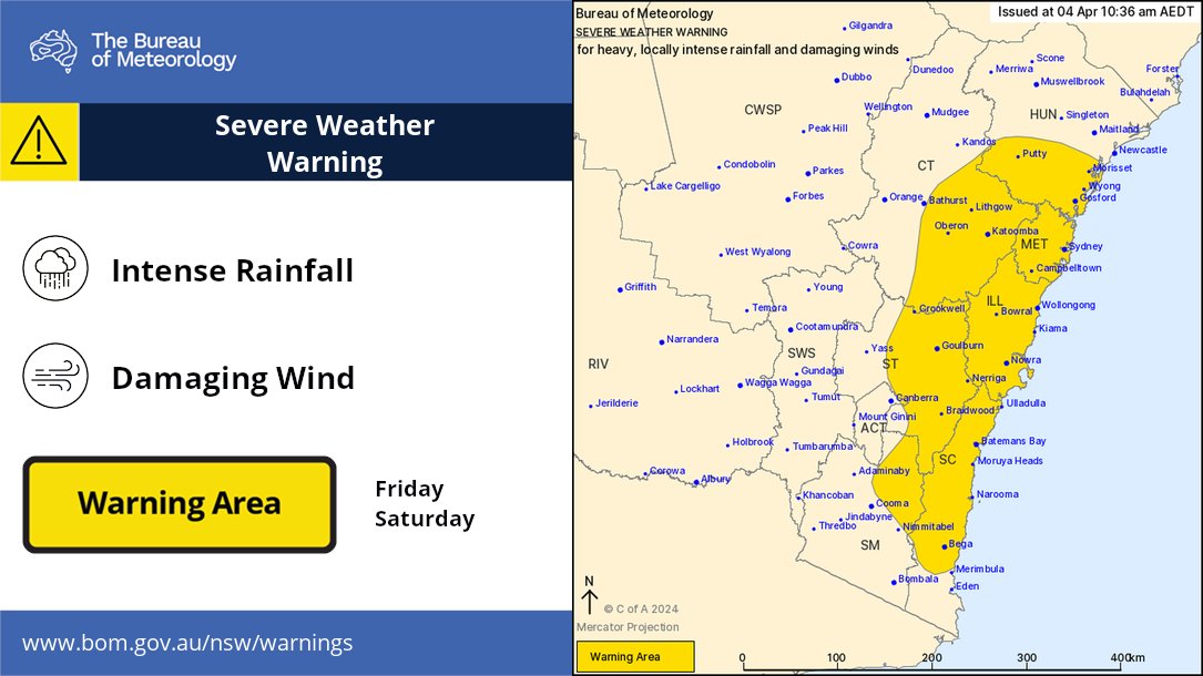 A Severe Weather Warning for Heavy to locally Intense rainfall and damaging winds has been issued for central parts of the coast and adjacent ranges for Friday, moving south Saturday. The warning includes Sydney, Blue Mountains, Central Coast, Wollongong and Southern Highlands.