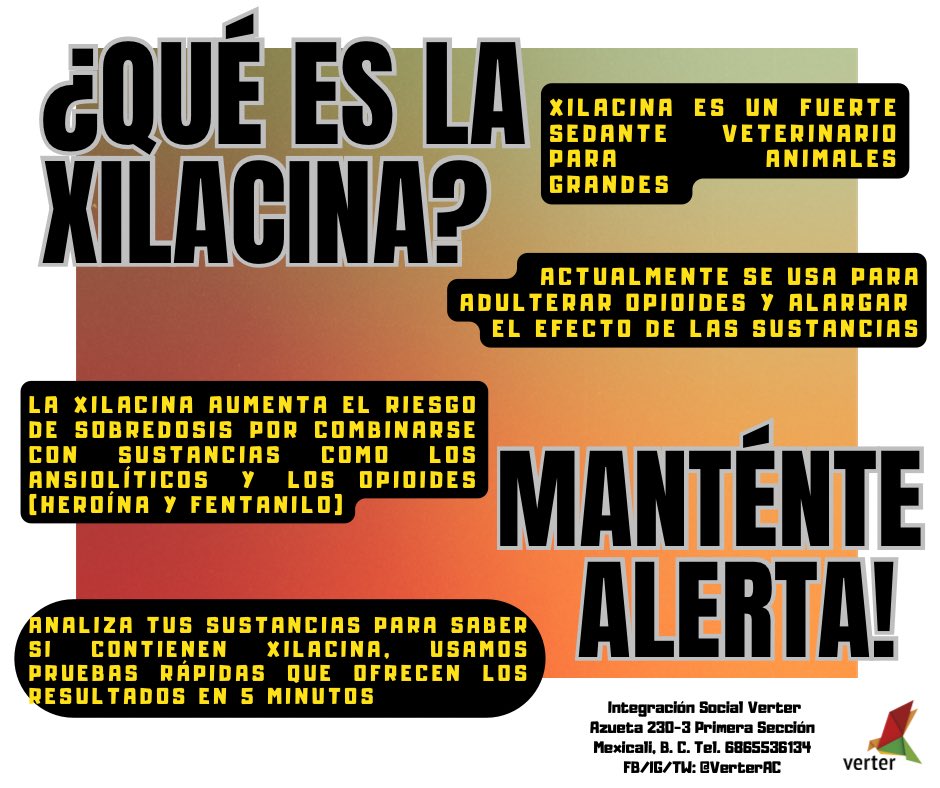 Estamos promoviendo información sobre el sedante vererinario Xilacina que ha sido encontrado, con una alta prevalencia, como adulterante en sustancias psicoactivas disponibles en Mexicali, Baja California. #heroina #fentanilo #drugchecking #harmreduction #xylazine #mexicali