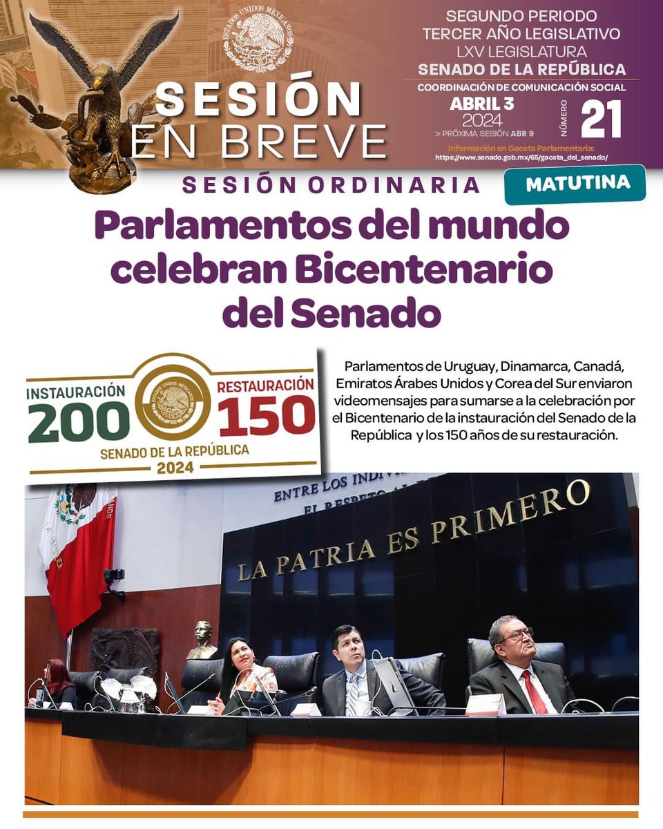 El @senadomexicano informa 👇🏻

📌 Estamos celebrando el #BicentenarioSenado y legisladores del mundo se están sumando. 
Te compartimos más en la #SesiónEnBreve. 

comunicacionsocial.senado.gob.mx/multimedia/res…