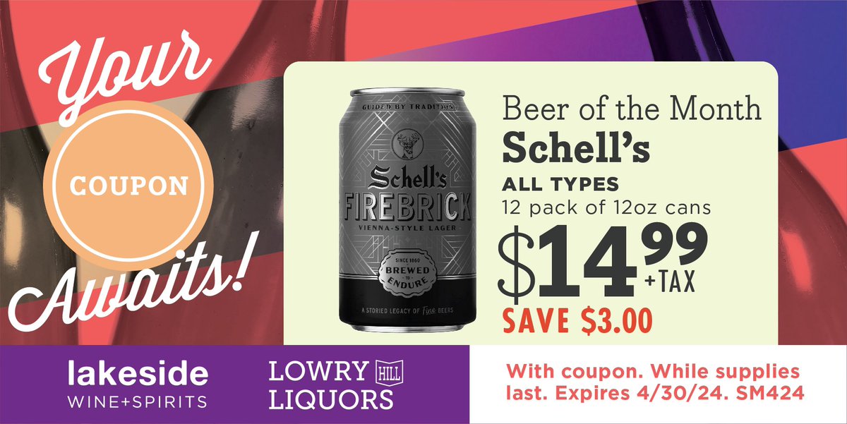Our Beer of the Month for the month of April is Minnesota’s very own @schellsbeer ! Save $3.00 on all types of 12 packs of 12oz cans throughout the month of April with this virtual coupon while supplies last! 

#schellsbrewery #minnesotabeer #craftbeer #madeinminnesota