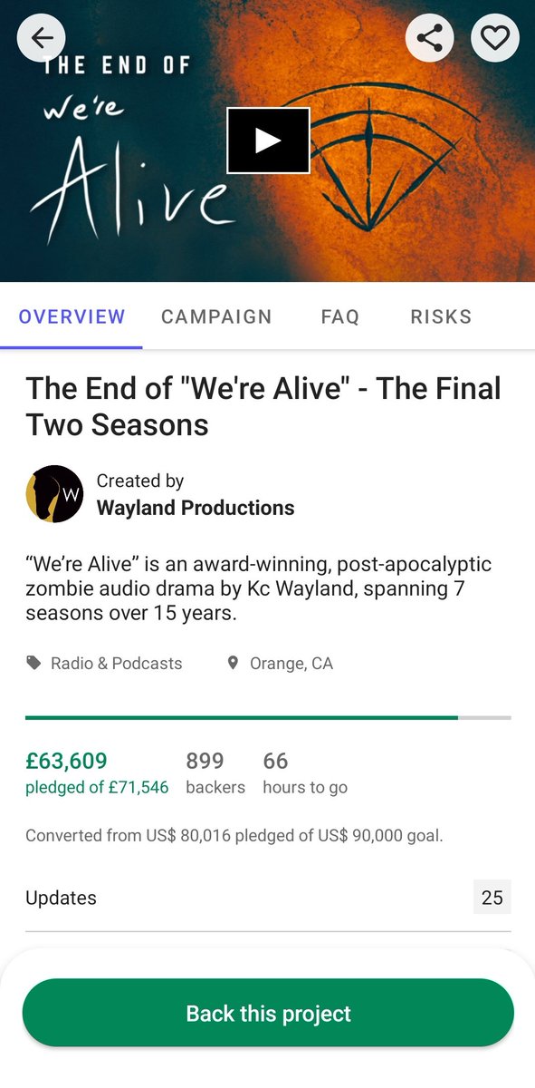 @WereAlive have raised over $80,000 of a $90,000 @Kickstarter goal! Join 900 backers in bringing this project to life. kickstarter.com/projects/werea… @waylandprod @WaylandPodcast @KickstarterRead @KickstarterGO #Crowdfunding #audiodrama #podcast #zombies
