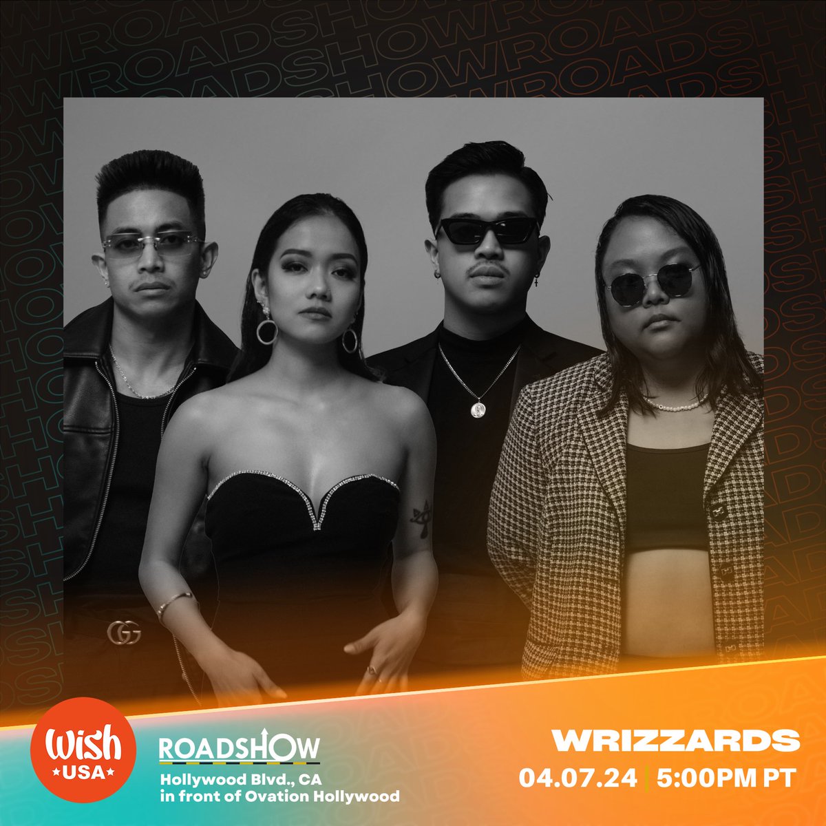 Wrizzards are hitting the Wish USA Bus LIVE at Hollywood Boulevard! 🎶 This April 7 at 5pm, let's get spellbound! Be there or be square! 

#WishRoadshow #WrizzardsLive #MusicMagic #LiveMusic #HollywoodBoulevard #ConcertNight #MusicLovers #LivePerformance #MusicEvent #AprilGigs