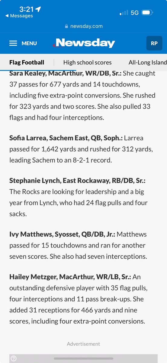 Congratulations to Stephanie Lynch on being named one of Long Island top 30 Flag football players. Thank you newsday @Gregg_Sarra @NewsdHSsports @GoEastRockaway @EastRockawaySD