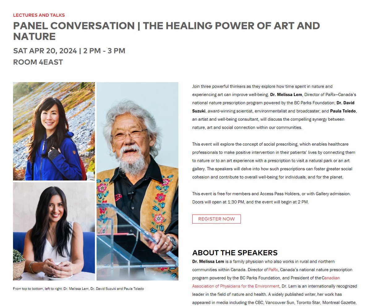 Saying I'm looking forward to this is an understatement. Join me, @odetowonder + Dr. David Suzuki for a conversation @VanArtGallery on April 20 about how nature and art prescriptions can connect + heal us and the planet. Register: vanartgallery.bc.ca/events/panel-c…