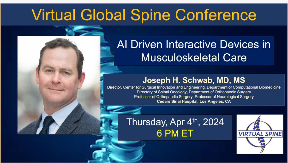 Don't miss Dr. Joseph H. Schwab's groundbreaking talk on the future of healthcare with 'AI Driven Interactive Devices in Musculoskeletal Care' tomorrow at 6 PM ET. Join us for this innovative discussion! zoom.us/meeting/regist…… #medtech #AI #neurotwitter #orthotwitter