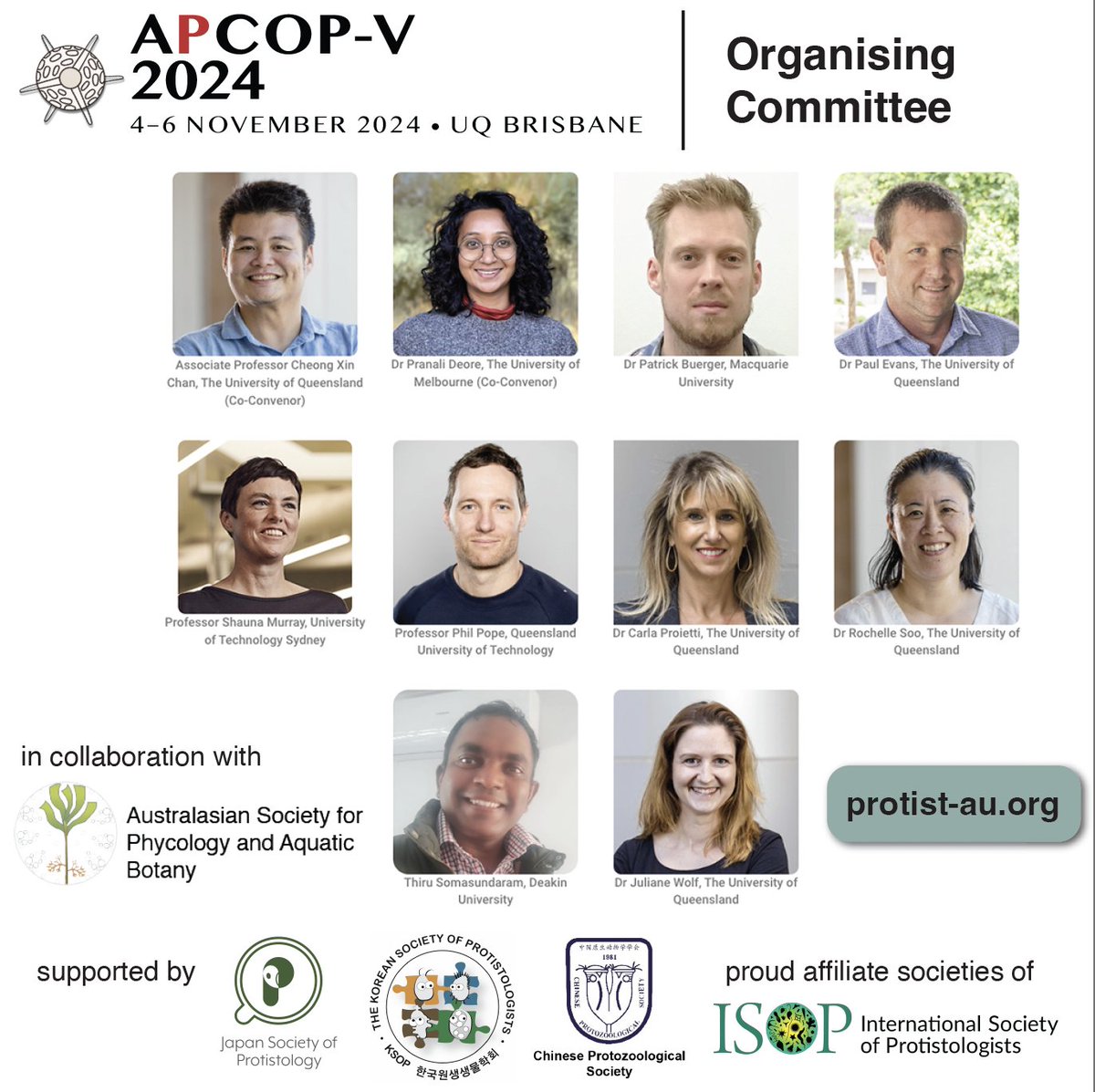The Organising Committee is excited to bring APCOP-V to Brisbane, collab w/Australasian Society Phycology & Aquatic Botany @ASPABites, supported by our 🇯🇵🇰🇷🇨🇳 colleagues + International Society of Protistologists @protistologists Call for Abstracts OPEN! protist-au.org