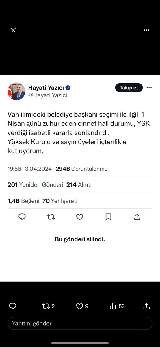 Bu mevzu burada bitmediği için mi bu tweet silindi acaba?