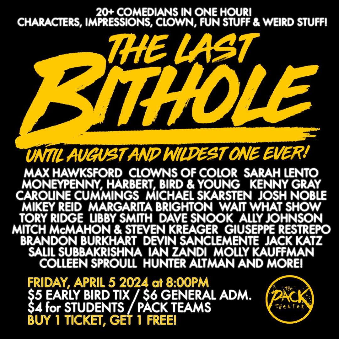 I wrote a wild bit for this Friday's BITHOLE! It's pretty epic, difficult to memorize, and it's cracking me up thinking about it. Come to <a href="/PackTheater/">The Pack Theater</a> on Friday and check it out! It's the last BITHOLE until August! Awesome lineup, get BOGO tickets here: eventbrite.com/e/bithole-tick…