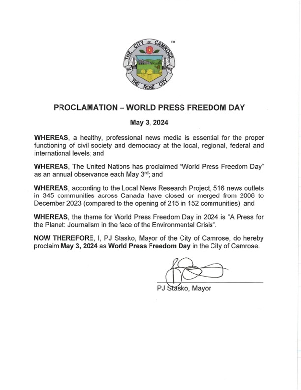 Today we launch our #countdown to @UN #WorldPressFreedomDay. THANK YOU Mayor @pjstasko & councillors for proclaiming May 3rd WPFD in @CityofCamrose! For details & map, visit ink-stainedwretches.org/campaigns.html @CCUNESCO @CDN_WPF @westernuFIMS @caj @hirider750 @FCM_online @ABmunis @RuralMA