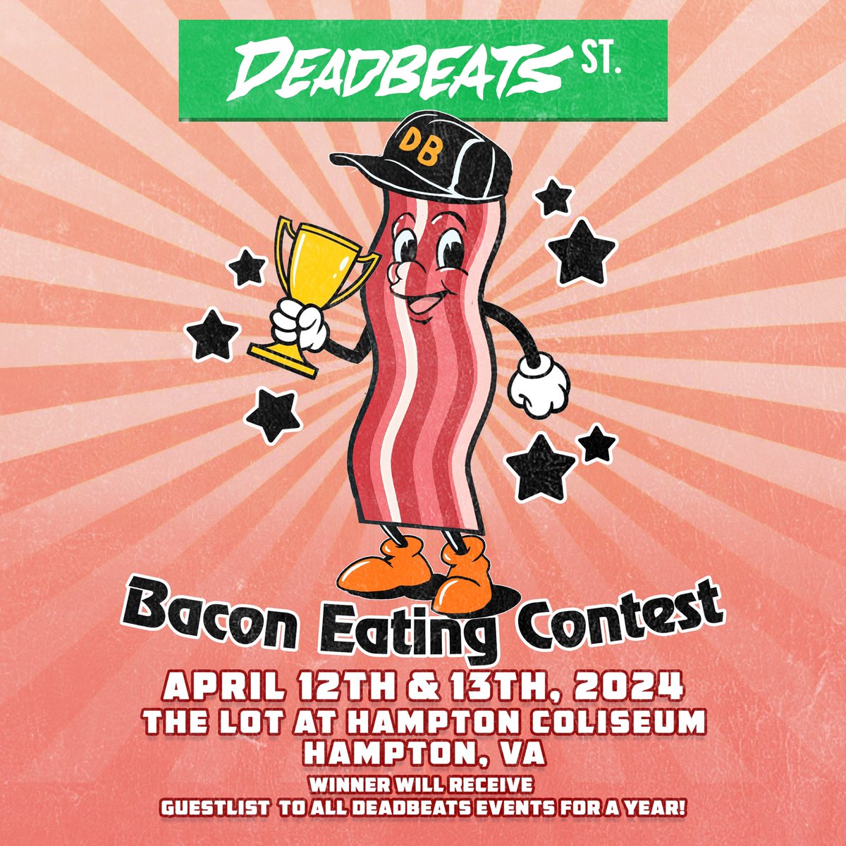 THE VERY FIRST DEADBEATS BACON EATING CONTEST 🥓 Happening at our Deadbeats Street lot party outside of Hampton Coliseum before doors on both days of First Contact. Think you have what it takes? 👇 1. Like / RT this tweet 2. Fill out the sign up form (2nd tweet)