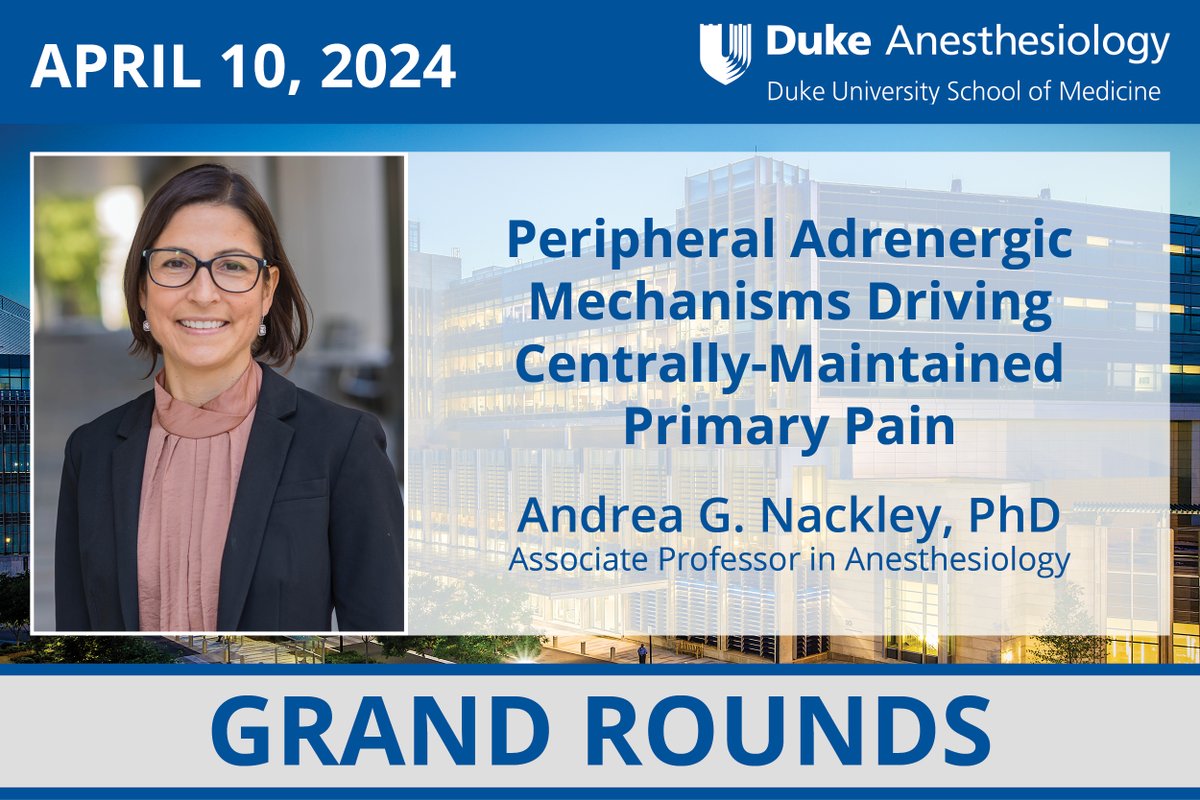 Join us tomorrow morning for a Duke Anesthesiology Grand Rounds #DukeAnesGR, featuring our own Dr. Andrea Nackley: 🔗anesthesiology.duke.edu/events/grand-r……. #AnesGR