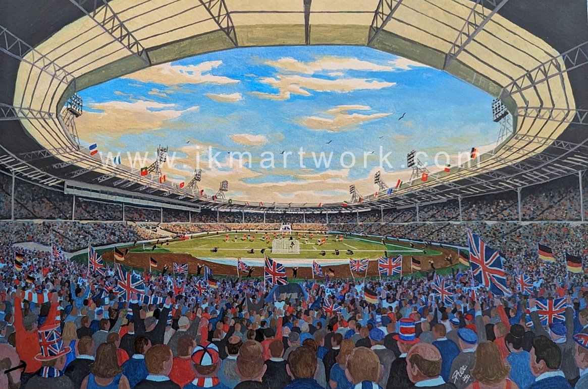 hi @EnglandBlock109 @3LionsPodcast painting ive done of #england #3lions #wembley 1966 prints available now just £15 a3 size @ jkmartwork.com RT's appreciated