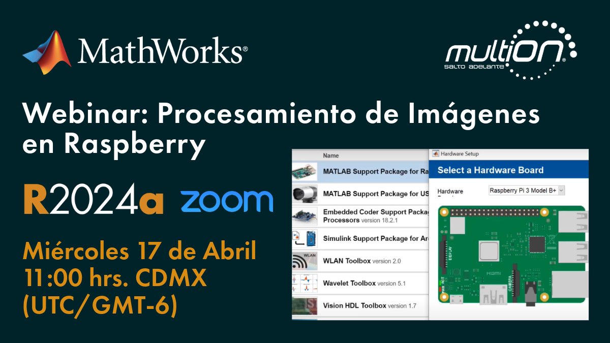 MATLAB_Mexico's tweet image. Webinar Procesamiento de Imágenes en Raspberry MATLAB. 17 de abril 2024, 11:00 hrs ¡Únete al seminario de MATLAB® y Simulink para la creación de aplicaciones de procesamiento de imágenes con Raspbian, echo para las tarjetas Raspberry Pi!. link de registro: bit.ly/4abxJ1k