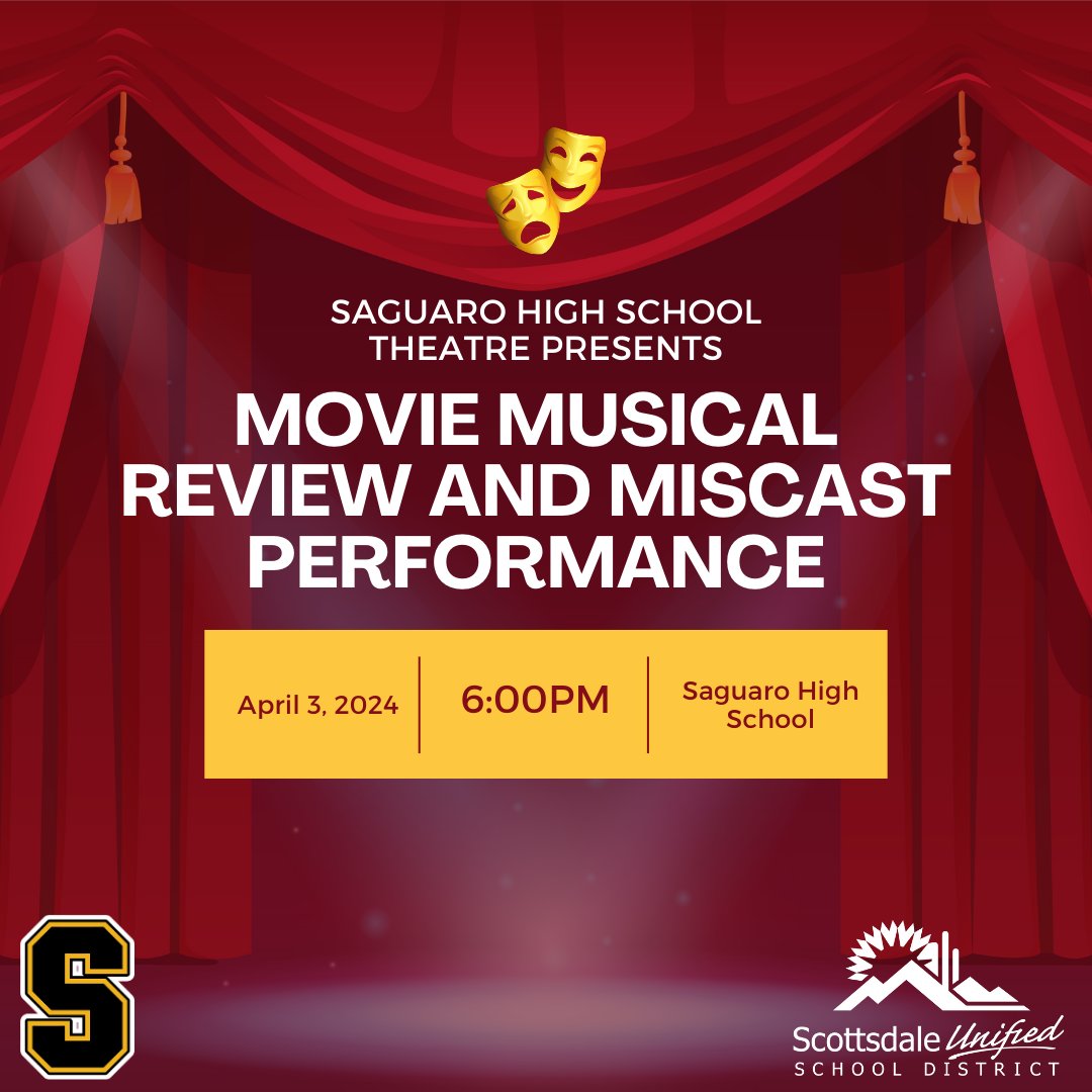 Don't miss @SaguaroSUSD's very first Movie Musical Review and Miscast Performance tonight at 6 PM! Act 1 will feature songs from iconic musicals that have been adapted to film, while Act 2 will showcase students in 'Miscast' roles. Don't miss out on this one-of-a-kind event!