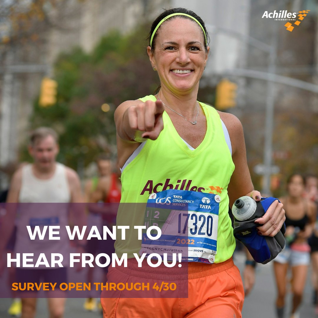 Achilles wants to hear from YOU! Complete a short, anonymous survey and be entered to win running swag: ow.ly/4HcY50R3yLL #GoAchilles