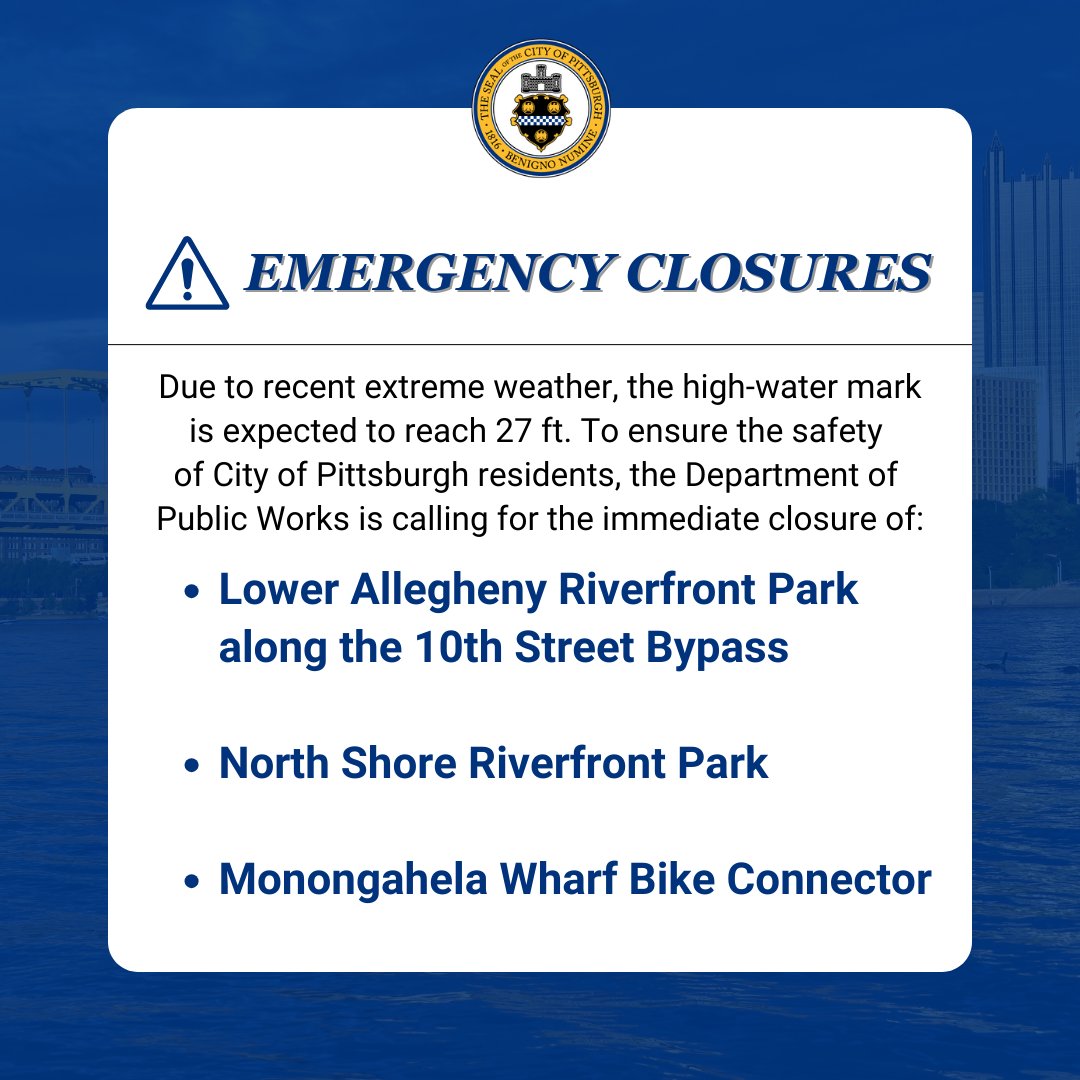 EMERGENCY CLOSURE! Due to extreme weather causing high flood waters, these parks/trails will be closed until further notice: - Lower Allegheny Riverfront Park along 10th St. Bypass - North Shore Riverfront Park - Mon. Wharf Bike Connector Learn More: pittsburghpa.gov/press-releases…